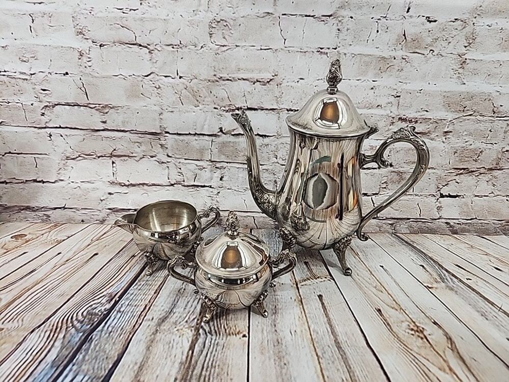 Vintage Silver-Plated Footed Victorian Teapot Creamer & Sugar Bowl Set W Patina